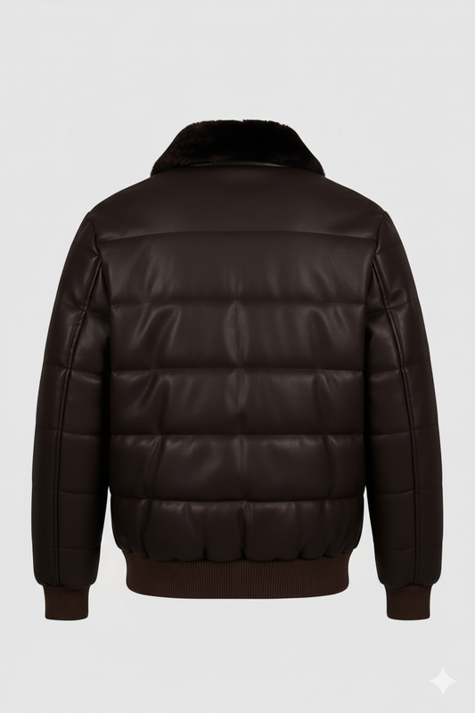 Men’s Brown Faux Leather Puffer Jacket with Faux Fur Collar