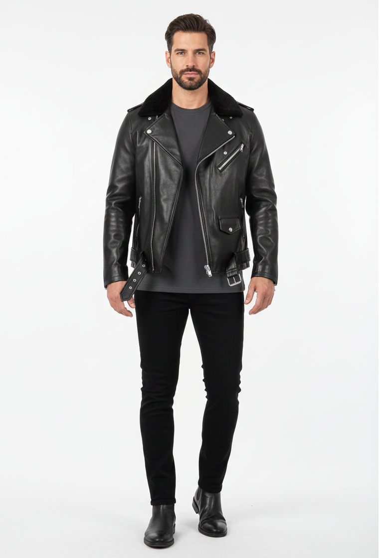 Premium Black Patent Leather Biker Jacket for Men